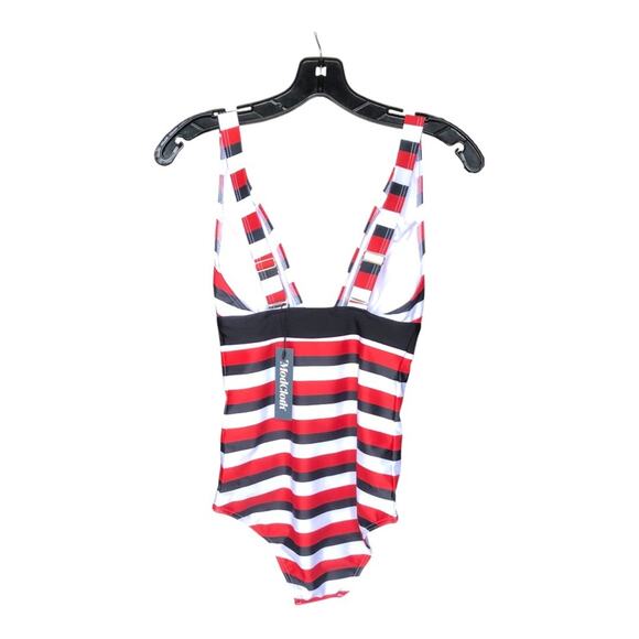 ModCloth NWT Dharla Sporty Red White Black Stripe Sexy Zip One-Piece Swimsuit XS - Picture 7 of 14